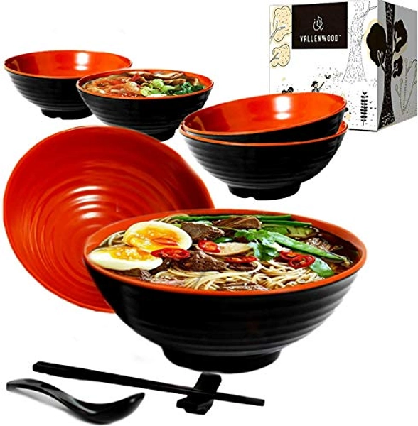 6 set Red Black Ramen Bowl Set, 24 pieces. Asian Japanese soup with Spoons Chopsticks and Stands, Restaurant Quality Melamine, Large 37 oz for Noodles, Pho, Noodle, Udon, Thai And Chinese Foods.