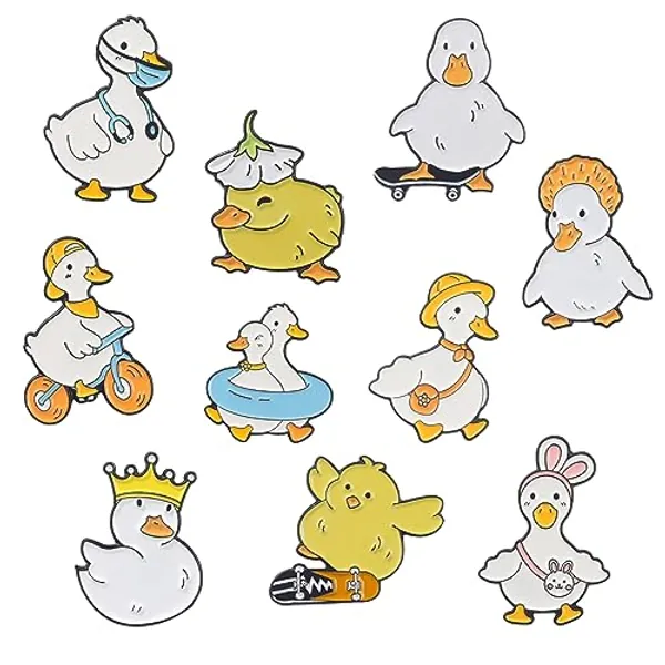 Pilikoll 10 Pcs Cartoon Cute Duck Enamel Brooch Funny Little Yellow Duck Skateboard Brooch Pins Enamel Duck Pins Lapel Badge Crown Duck Enamel Pin Brooches for Clothes, bag, Backpack,Hats