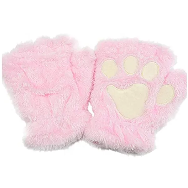 Topgrowth Women's Kawaii Gloves Plush Synthetic Fur Cosplay Cat Paw Fingerless Gloves Girls Fabric Half Finger Gloves - pink - One Size