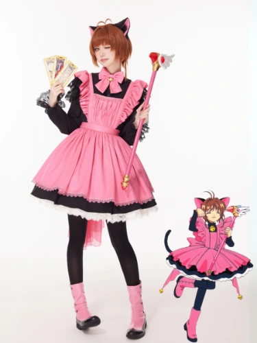 Cardcaptor Sakura Inspired Black Dress + Pink Apron + Pink Bow with Train Full Set
