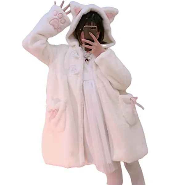 Women Cute Kawaii Cat Ear Claw Grils Fleece Warm Long Sleeve Hoodie Sweatshirt Coat Jacket - XX-Large - Whitecat