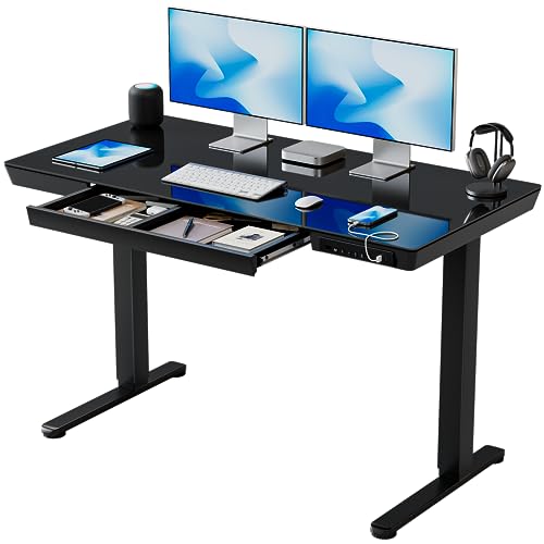 BANTI Electric Standing Desk with Drawers, 48 inch Whole-Piece Glass Desktop, Height Adjustable Stand up Sit Stand Home Office Ergonomic Workstation, Black Tabletop - Black