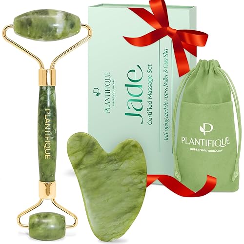 Plantifique Jade Roller and Gua Sha Set for Women - Anti Aging Jade Face Roller and Gua Sha Facial Tools for Face, Eyes, Neck Lifting - Rollers & GuaSha Face Massager Sculpting Beauty Skin Care by - Jade Roller and Gua Sha Set