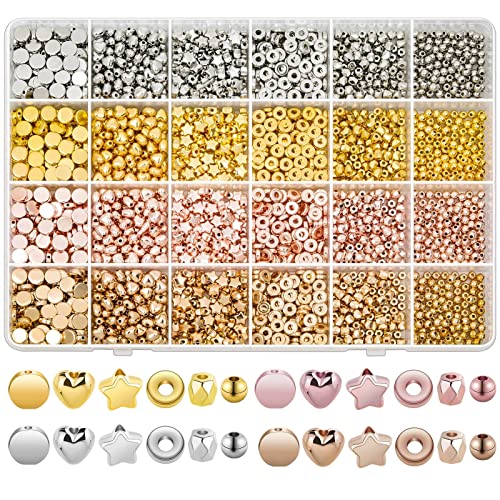 2160 Pieces Gold Spacer Beads Set, Assorted Round Star Gold Beads for Bracelet Jewelry Making(Gold, Sliver, Rose Gold, KC Gold) - CCB