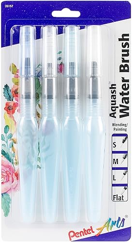 Pentel Arts Aquash Water Brush Assorted Tips, Pack of 4 (FRHBP4M) - 4 Pack Assorted