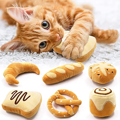 Bread Catnip Toys Cat Toys for Indoor Cats Interactive Toys for Cat Lover Gifts Kitten Chew Bite Kick Toys Baguette Croissant Pretzel Toast Bun Cinnamon Roll Plush Catmint Pet Birthday Presents
