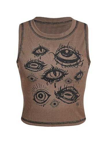SOLY HUX Women's Y2k Goth Eye Print Crop Tank Top Round Neck Sleeveless Summer Tops - Large - Khaki Print