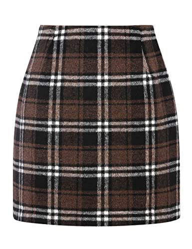 IDEALSANXUN Womens High Waist Plaid Skirt Bodycon Pencil Wool Mini Skirts - Large - Coffee