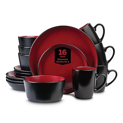 Stone Lain Albie Stoneware 16-Piece Modern Dinnerware Set, Kitchen Plates and Bowls Sets, Dish Set for 4, Red and Black - 16 Piece - Service for 4 - Red and Black
