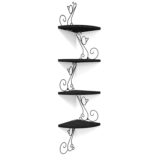 Alsonerbay Corner Shelves - Wall Mounted Floating Wood Shelf, 4 Tier Rustic Storage Shelf, Cat Shaped Shelving for Wall, Solid Wooden Decor for Living Room, Bedroom, Kitchen (Black) - Black