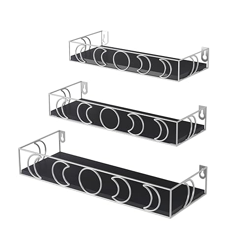 PHAREGE Moon Phase Floating Shelves Black Silver, Set of 3 Small Decorative Wall Shelves for Book Plant Storage, Crystal Figurine Collectibles Display Shelf for Bedroom Kid Room - Black Silver
