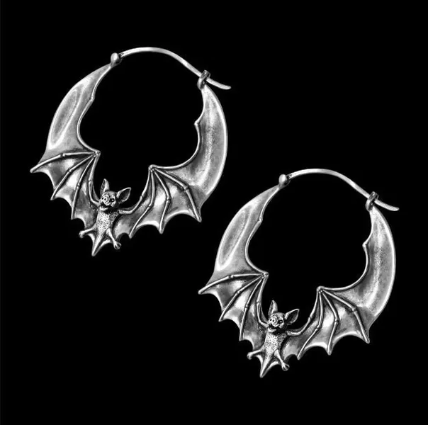 Elvira's Bat Hoop Earrings. Bat Earrings, Silver Earrings, Vintage Bat Jewelry, Bat Hoop Earrings
