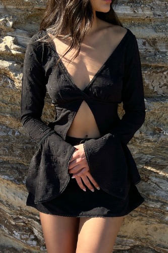 Anabelle Eyelet Long Sleeve Shirt - Black | Black / S