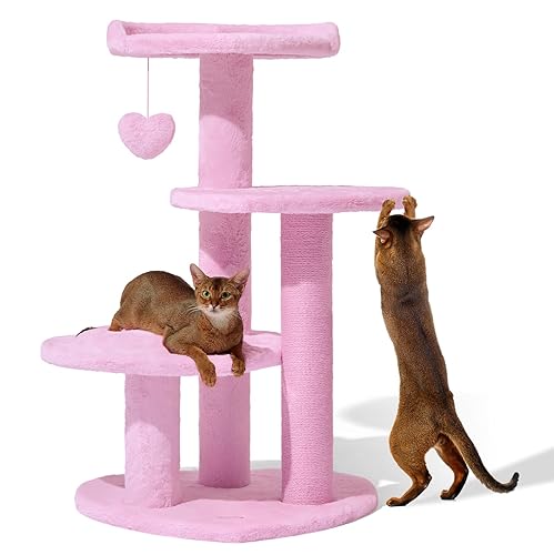 VETRESKA 40 inches Cat Tree for Indoor Cats, Multi Level Cat Tower with Cat Scratching Post, Cute Cat Climbing Tree with Dangling Toy for Cats, Pink - Pink Four Platforms