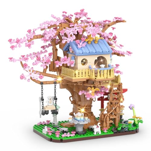 LEGPS YYDS Sakura Blossom Tree House Building Set, LED Mini Set Treehouse Blocks for Boys and Girls Age 14+,1446pcs - Pink