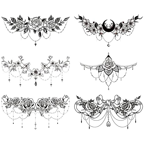 Glaryyears Chest Underboob Temporary Tattoos for Women Adult, 6 Pack Black Fake Realistic Large Long Lasting Creative Removable Tattoo Stickers, Sexy Rose Flower Tramp Stamp Sketch on Body - Pattern A