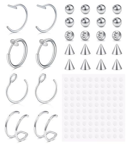 Longita Fake Piercings Fake Lip Piercing Fake Lip Ring Fake Nose Ring Hoop Fake Snake Bites Fake Eyebrow Piercing Clip Lip Ring Fake Eyebrow Ring Fake Face Piercings Fake Peircings - 1-Silver