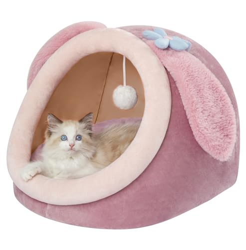 Jiupety Cat Bed Cave, Pink Cat Bed for Indoor Cats, Soft Cozy Cat Bed Cave Fit for Cat Up to 16 Lbs and Puppy, Pink Rabbit, M. - Medium - Pink purple