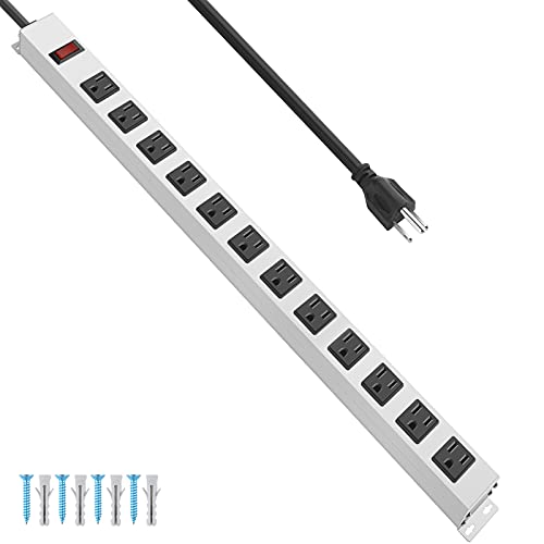 JUNNUJ Metal 12 Outlet Power Strip, Heavy Duty Power Strip Wall Mount, 1200J Surge Protector Mountable Screws Outlet with Switch, Gaming Desk Strips Wide Spaced 15A 125V 1875W, 6 FT 14AWG Power Cord