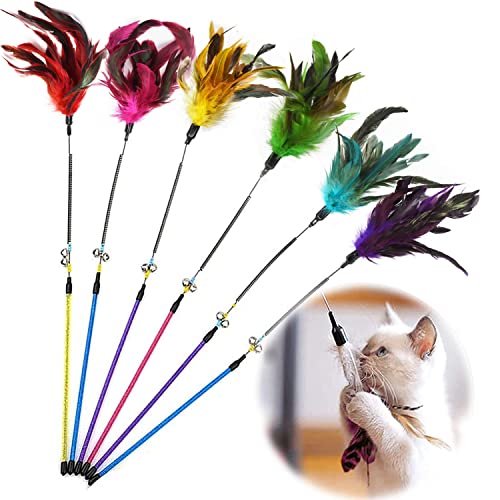 GingerUPer Cat Toy Feather Cat Toy Feather Wand Cat Pet Toy Wire Chaser Wand Teaser Feather With Bell,Cat Toys for Indoor Cats Kitten Interactive Training (6 Pack)