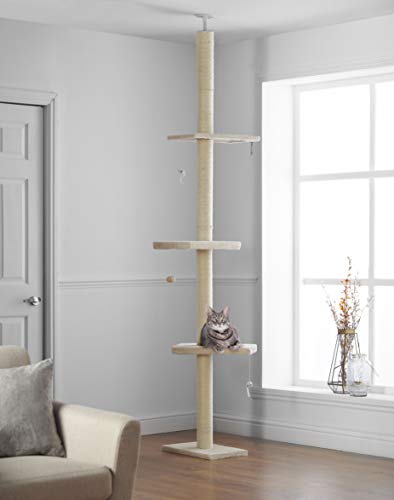 Pippa & Max's Floor To Ceiling Cat Tree 215cm-280cm (Cream) X-Large Activity Scratching Tree, Full Scratching Posts With Large Platforms - Cream