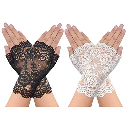obmwang 2 Pairs Women's Lace Gloves Fingerless Floral Gloves Bridal Prom Gloves for Wedding Party Costume Accessories - Black,white