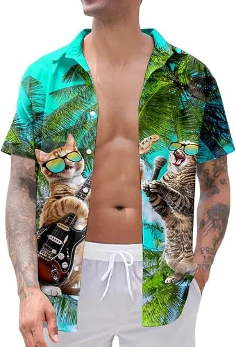 uideazone Mens Funny Hawaiian Shirts 3D Graphic Button Down Short Sleeve Tropical Holiday Beach Aloha Shirt - Guitar Cats Large