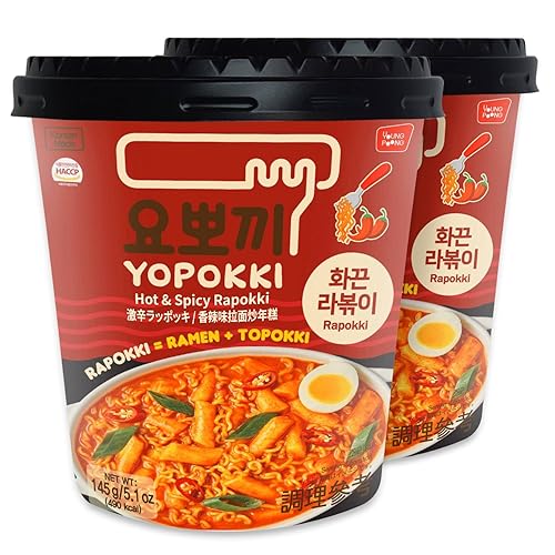 Yopokki Instant Rabokki Cup (Hot Spicy, Cup of 2) Korean Street food with Hot spicy sauce Ramen Noodle Topokki Rice Cake - Quick & Easy to Prepare - Hot Spicy Cup