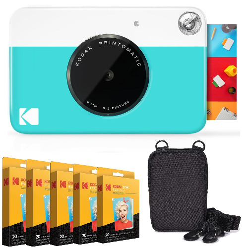 KODAK Printomatic Instant Camera Bundle W/Zink Paper 100-Pack & Case - Blue