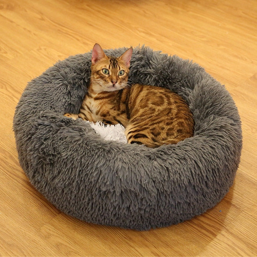 Pet Ultra Soft Long Plush Round Bed - Dark Gray