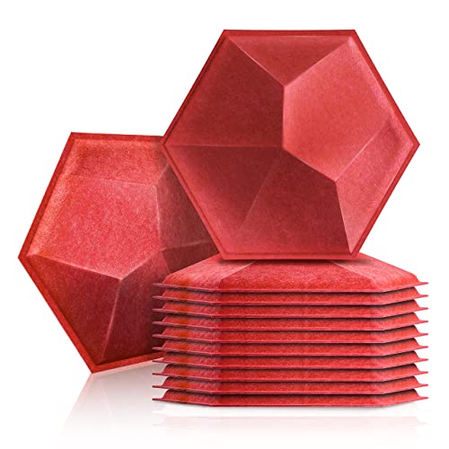 Sonic Acoustics 12 Pack Red Hexagon 12" X 12" X 0.4" Acoustic Absorption Panels, 3D Soundproofing Insulation Panel - 12 Pack - 3D Red