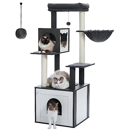 PAWZ Road Cat Tree with Litter Box Enclosure, 56.7" Modern Cat Tower with Storage Cabinet and Spacious Wood Cat Condo, Sisal Covered Scratching Post and Repalcable Dangling Balls, Black - One-side opening door Black