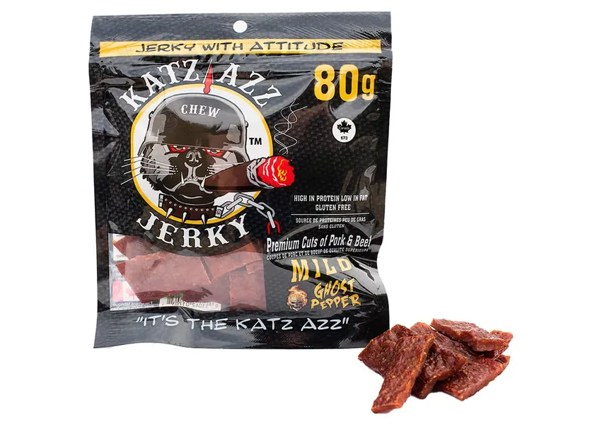 KATZ AZZ JERKY Mild Ghost Pepper, Single Bag 80g, Spicy Beef Jerky, Premium Cuts of Canadian Pork and Beef