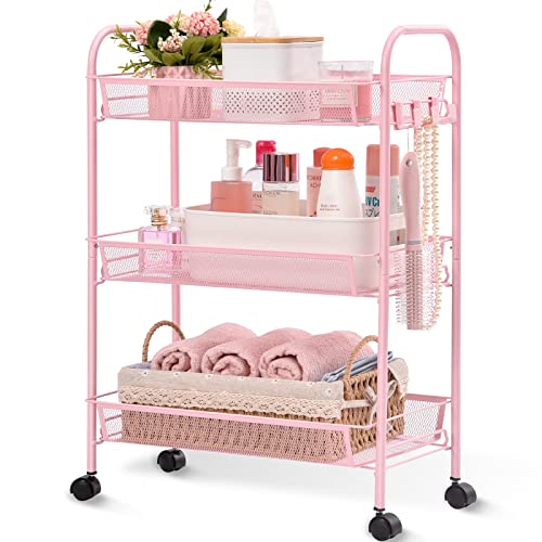 TOOLF 3-Tier Metal Rolling Cart, Mesh Wire Easy Assemble Utility Cart, Storage Trolley on Wheels with 3 Hooks, MetalStorage Shelving Units for Kitchen Bathroom Laundry Room - Pink - Standard 3-Tier