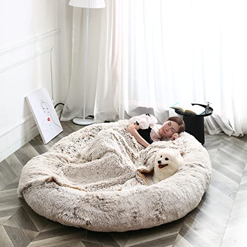 Giant Dog Bed for Human with Matching Blanket, 75 * 55 XXXXXXL Dog Bed for Both You and Your Pet, Huge Napping Day Bed for You to Doze Off, Gigantic Futon with Foam Filling and Removalbe Cover - Beige