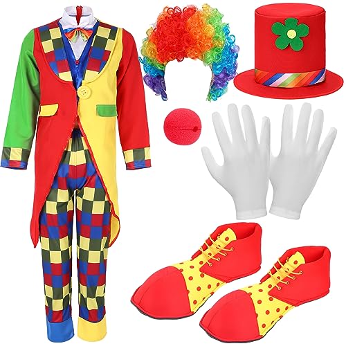 Yahenda 7 Pcs Clown Costume Set Includes Halloween Cosplay Red Clown Nose Clown Wig Clown Shoes Clown Hat Accessories - Adults Extra Large