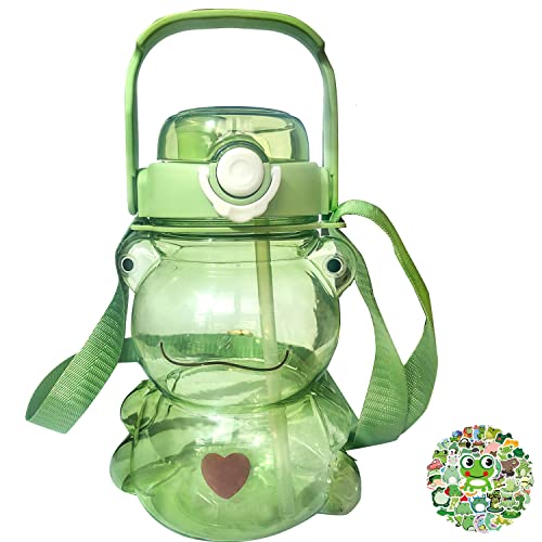 RAMAHP Kawaii frog straw bottle, frog water bottle with adjustable shoulder strap cute stickers, portable drinking cup for girls boys school office travel, green