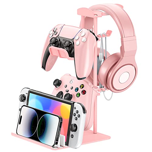 KDD Headphone Stand, Controller Holder & Headset Holder for Desk, Earphone Stand with Aluminum Supporting Bar, Universal Storage Organizer Headphones/Controller/Switch/iPad/Mobile Phone(Pink) - Pink