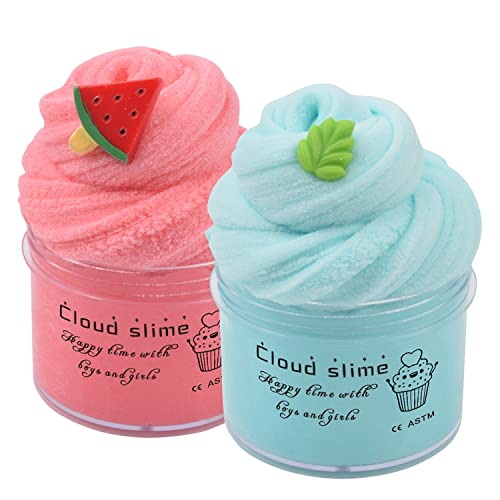 2 Pack Cloud Slime Kit with Red Watermelon and Mint Charms, Scented DIY Slime Supplies for Girls and Boys, Stress Relief Toy for Kids Education, Party Favor, Gift and Birthday - 2 Pack