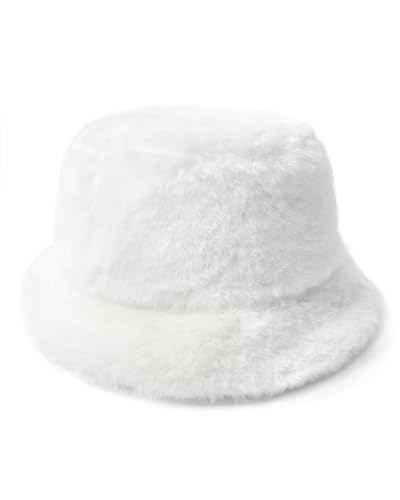 Zylioo XXL Faux Fur Bucket Hat,Oversize Adjustable Fluffy Warm Travel Hat,Large Winter Plush Fuzzy Hat for Big Heads - XX-Large-3X-Large - White