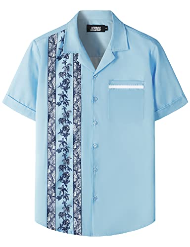 JOGAL Men's Bowling Shirts 50s Rockabilly Short Sleeve Button Down Shirt Beach Aloha Style Hawaiian Shirts - XX-Large - Skyblue