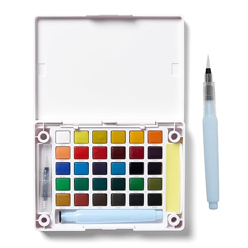 SAKURA Koi Pocket Field Sketch Kit - Watercolor Sets for Painting On the Go - Holiday Gifts for Artists, Crafters & DIY Gifts Projects - 30 Colors - 1 Water Brush - 1 Sponge - 1 Mixing Palette - 30 Colors - Watercolors - 30 Colors