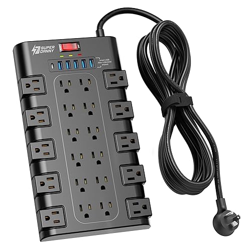 Power Strip Surge Protector, SUPERDANNY 15Ft Long Extension Cord with 6 USB Charging Ports and 22 AC Outlets, 1875W/15A, 2100 Joules, Flat Plug Power Outlet for Home, Office, Dorm, Gaming Room, Black - 15 ft - Black