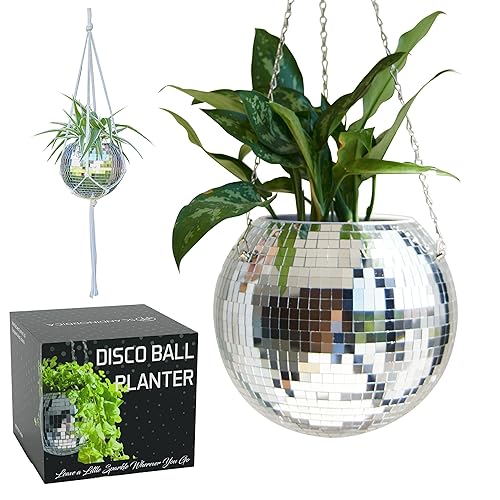 SCANDINORDICA Disco Ball Planter – Value Package: Mirror Disco Planter with Chain, Macrame Hanger and Acrylic Stand for Desk, Includes Self Watering Insert, Eclectic Home Decor | 10 inch Silver - 10" Silver