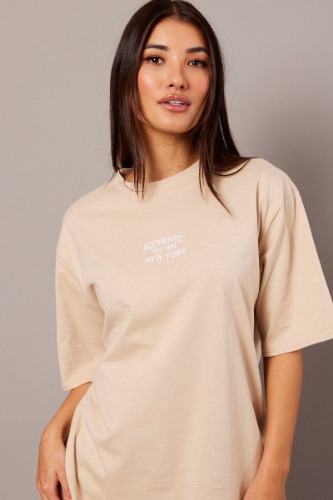 Beige Graphic Tee Short Sleeve | XXS