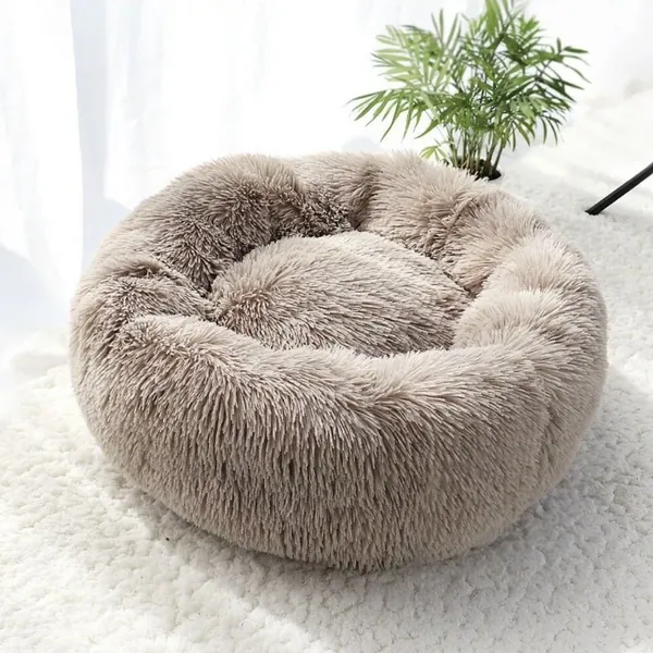 Round Plush Calming Donut Dog Bed for Small to Large Dogs by Estilo Living - Khaki / Large: 60cm / 23.62" (Diameter)