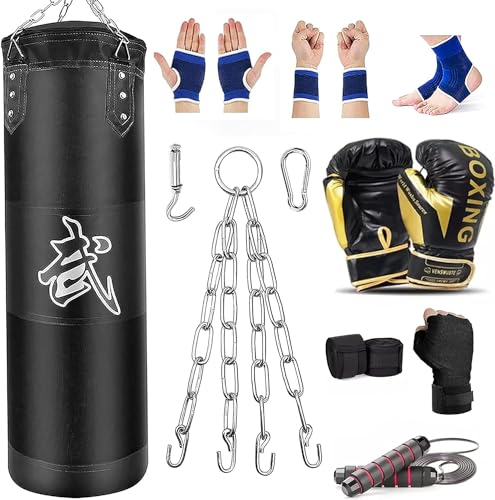Hanging Punching Bag for Adults - Boxing Bag Set with Unfilled 4ft PU Punching Bag, Boxing Gloves, Ceiling Hook & Hand Wraps - Versatile Boxing Training Equipment for Kick Boxing Karate - Black