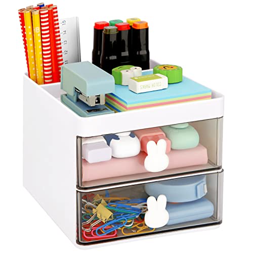 LETURE Small Desk Organizer With Drawer, Office Desktop Storage Box, Business Card/Pen/Pencil/Mobile Phone/Stationery Holder Storage Box, Makeup Organizer for Office School Home (White) - White