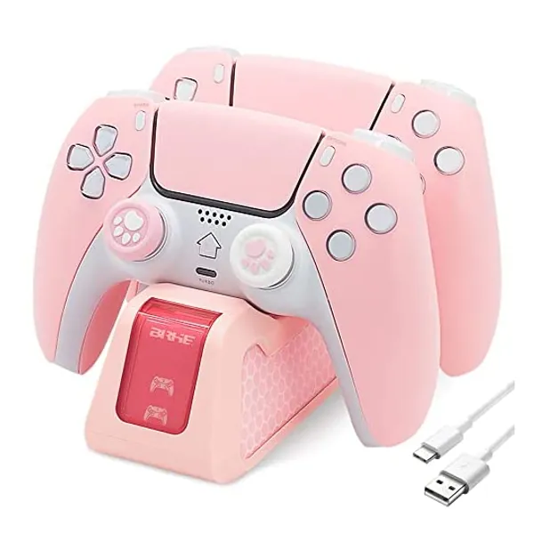 
                            Cute PS5 Controller Charging Station, BRHE Charger Dock Accessories LED Indicator Dual Fast Charge Stand with Type-C Cable Compatible with Playstation 5 (Pink)
                        