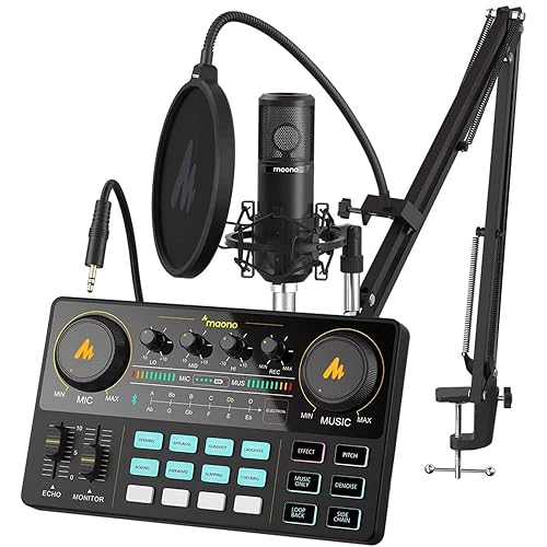 MAONO Podcast Equipment Bundle Audio mixer All-in-One Podcast Production Studio with 3.5mm Microphone for Live Streaming, Podcast Recording, PC, Smartphone, DJ MaonoCaster Lite (AU-AM200-S6 Black) - AU-AM200-S6 Black